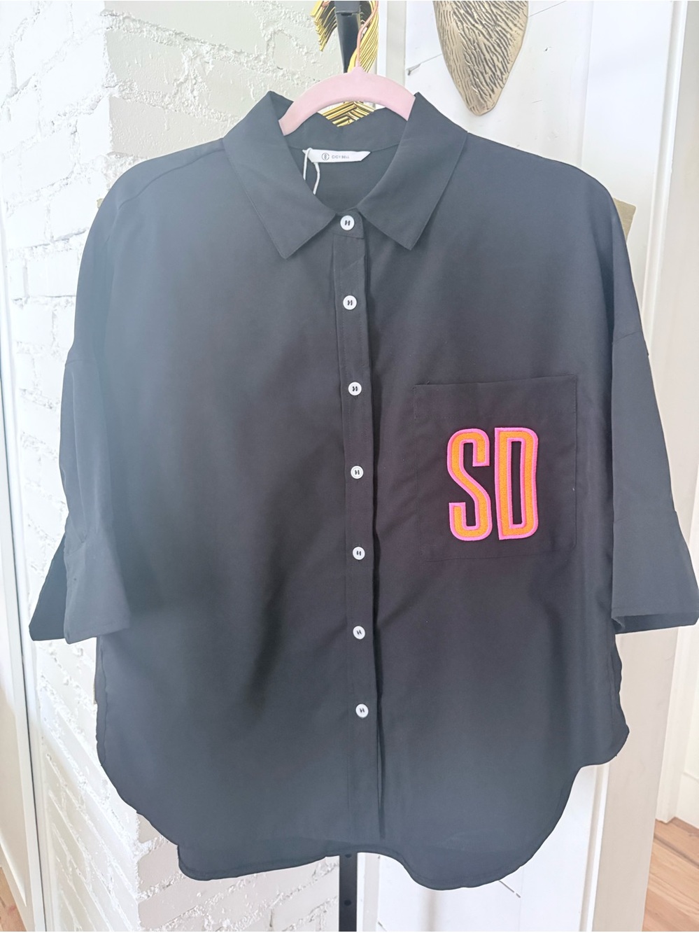 Black Short-Sleeve Button-Up Blouse with Pink SD Monogram